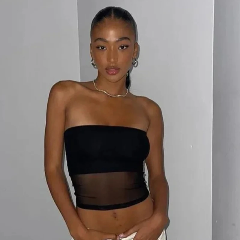 Women's Strapless Mesh Tube Top, Sexy Sleeveless Crop Top Summer Streetwear