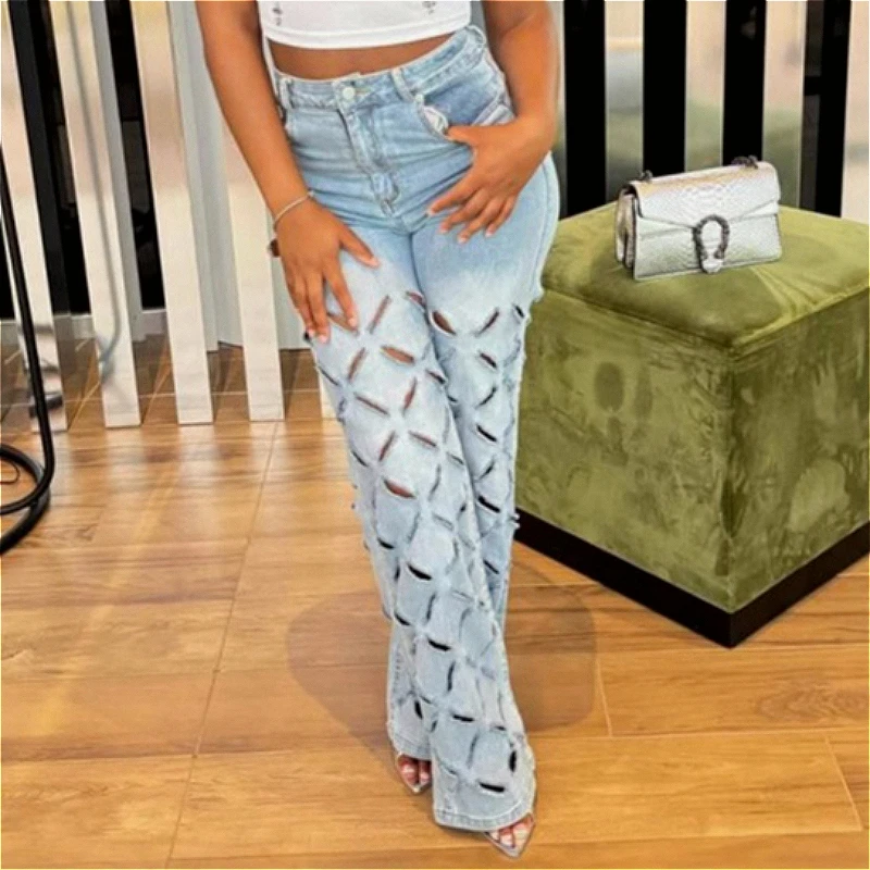 2026 Women Denim Solid Jeans Hole Trouser Garment Wash Full Lenth High Waist Zipper Straight Y2k Streetwear Casual Spring Autumn