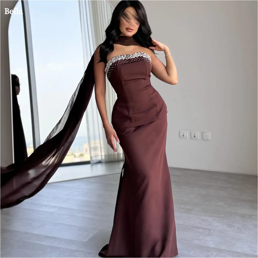 

Bella Customized Dark Brown Strapless Prom Dress Beaded Neck Sheer Halter Cape Satin Slim-Fit Mermaid Gown robes de soirée 2025
