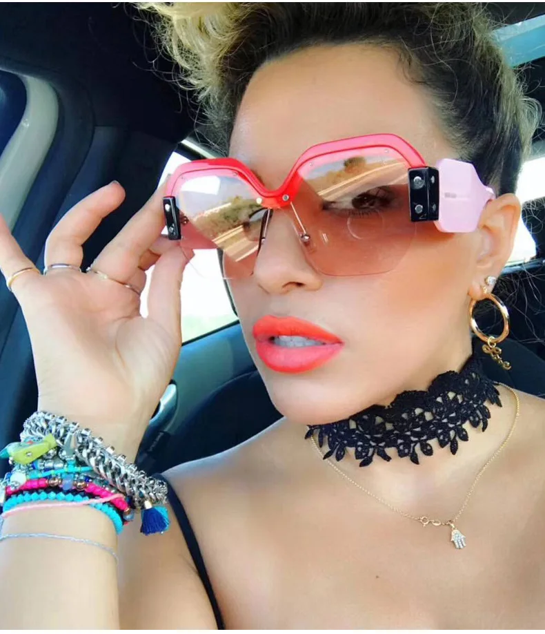 45341 Lady Trend Quadratische Halbrahmen-Sonnenbrille, große Größe, Cat-Eye-Nieten-Schutzbrille, Designer-Sonnenschutz mit Farbverlauf und Spiegel – Detail 17