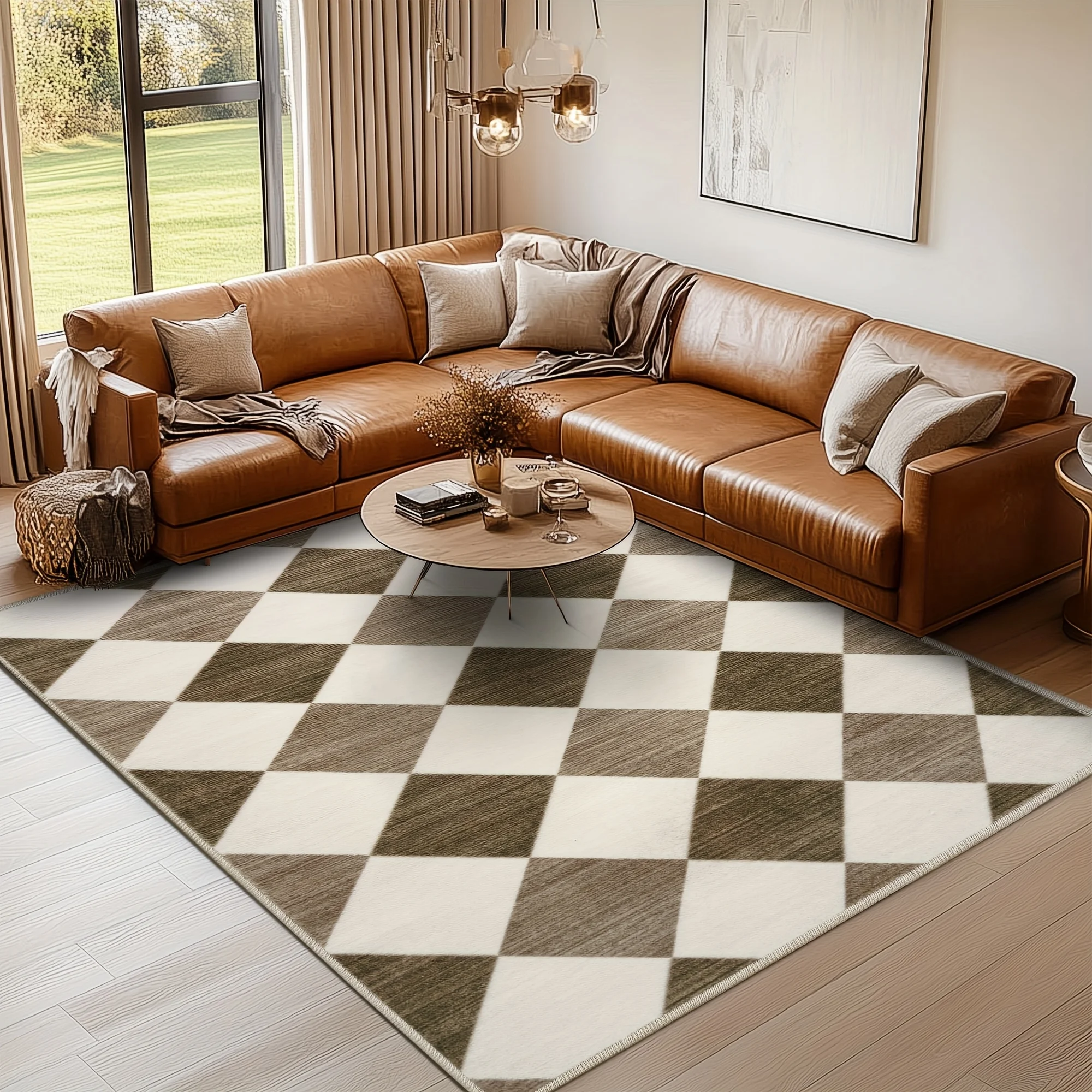 

Gnizama Large area apricot brown plaid short pile carpet, soft retro living room bedroom floor mat, non-slip easy to care carpet