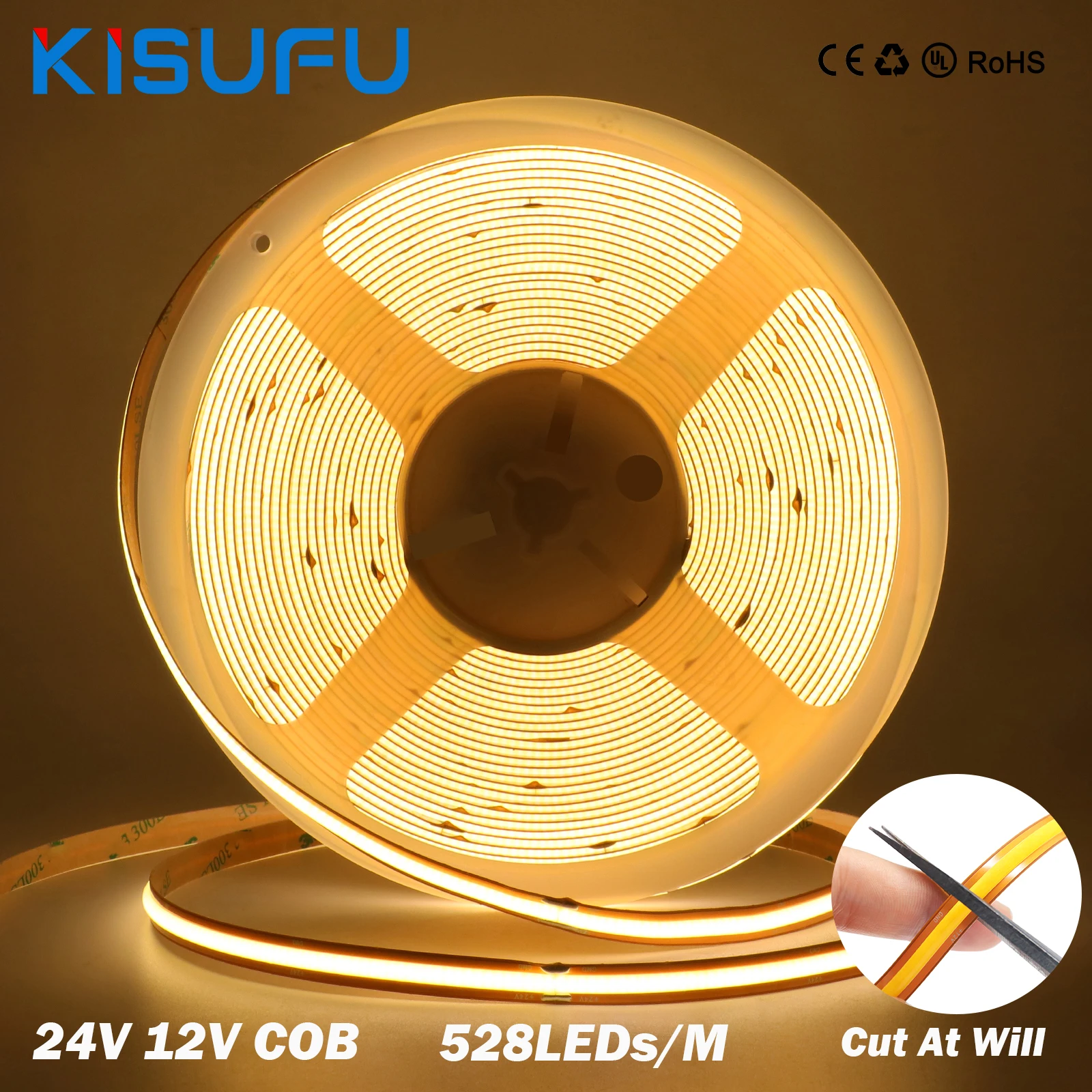 

Free Cut COB LED Strip Light 24V 12V 528LEDs/M 3000K 4500K 6000K High Density Flexible Adhesive Tape With DC Plug/Pin Wire 1-10M
