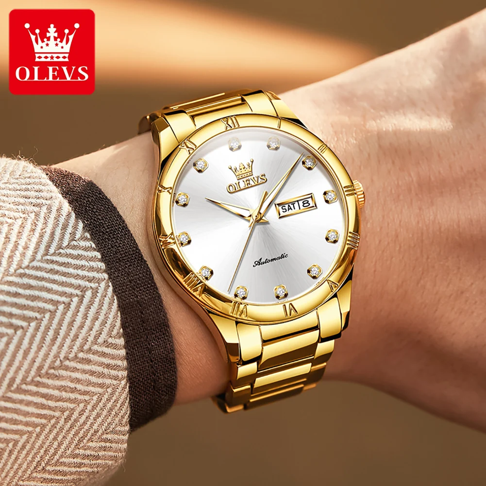 OLEVS メンズ腕時計高級カジュアルファインスチールオリジナル自動機械式腕時計男性用自動巻きムーブメント防水