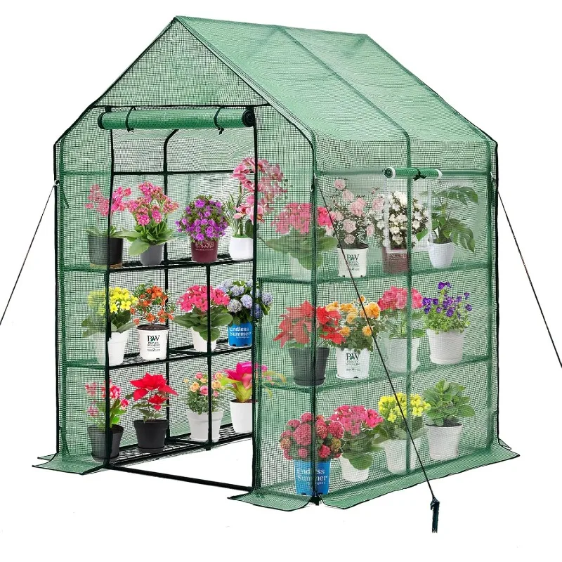

Walk-in Greenhouse for Outdoors, Thickened PE Cover & Heavy Duty Powder-Coated Steel, Mesh Door & Screen Windows, 14 Sturdy Shel