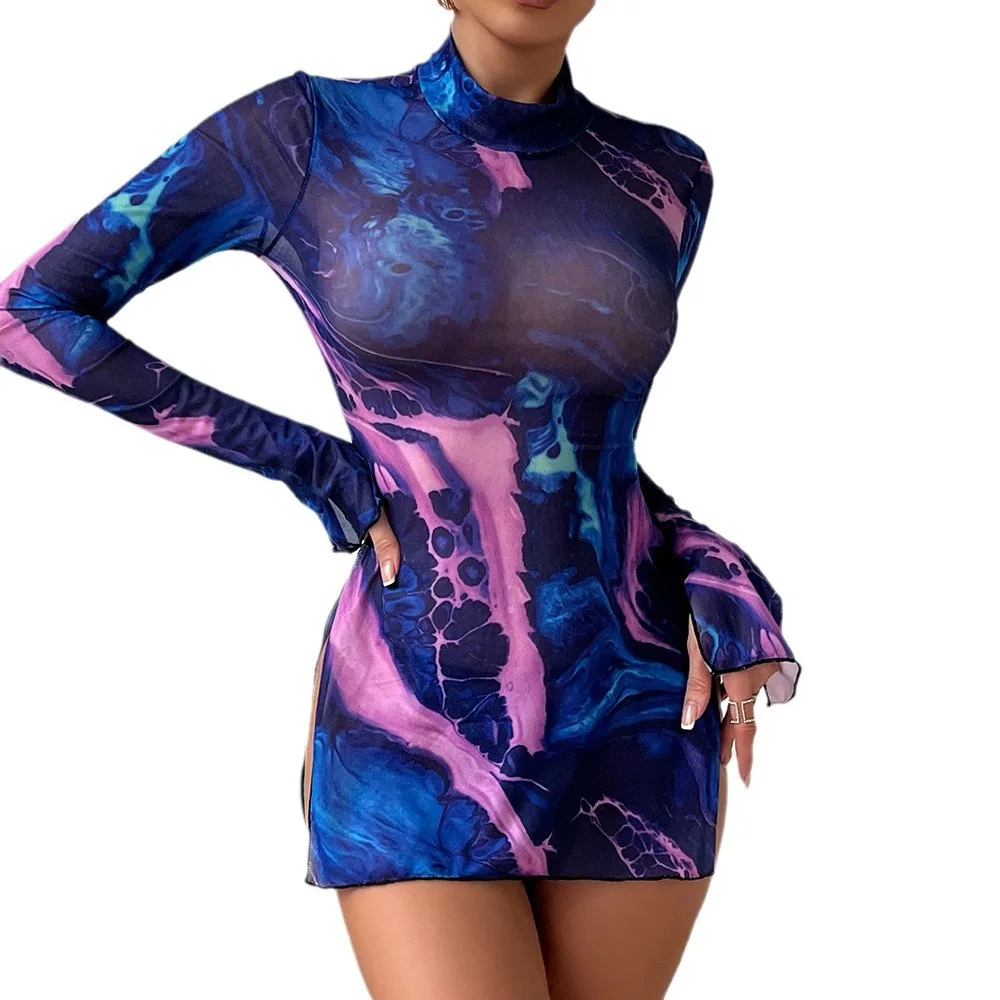 Abito con spacco stretto a maniche lunghe che abbraccia la gonna corta con scollo alto Abiti estivi abiti da cerimonia in lattice Sex shop