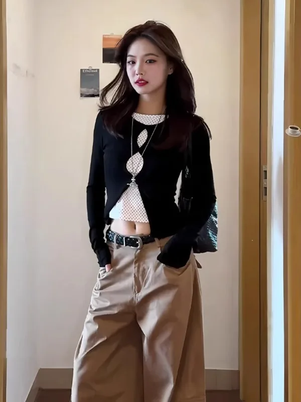 

Женская футболка больших размеров с полым узором в горошек, универсальная, стройнящая, многослойная, в корейском стиле, с круглым вырезом, длинный рукав