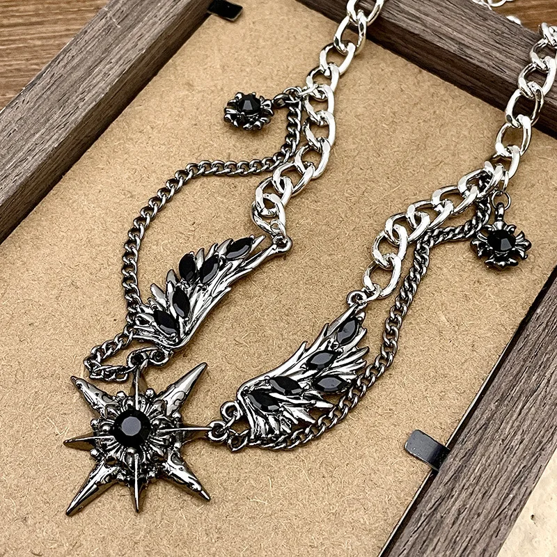 Punk Gothic Necklace Long Layered Necklace Black Wings Fashion Individuality Cool Choker for Man and Woman Jewelry Accessories