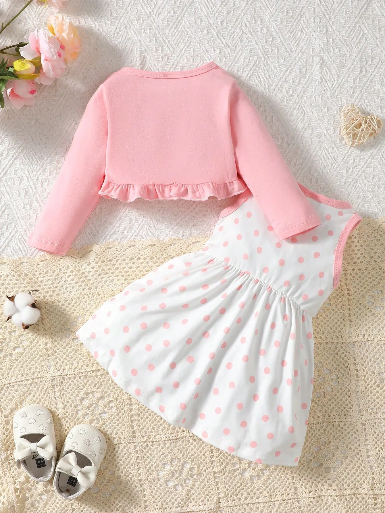 Baby Girl Ruffle Hem Jacket & Polka Dot Print Bow Front Dress