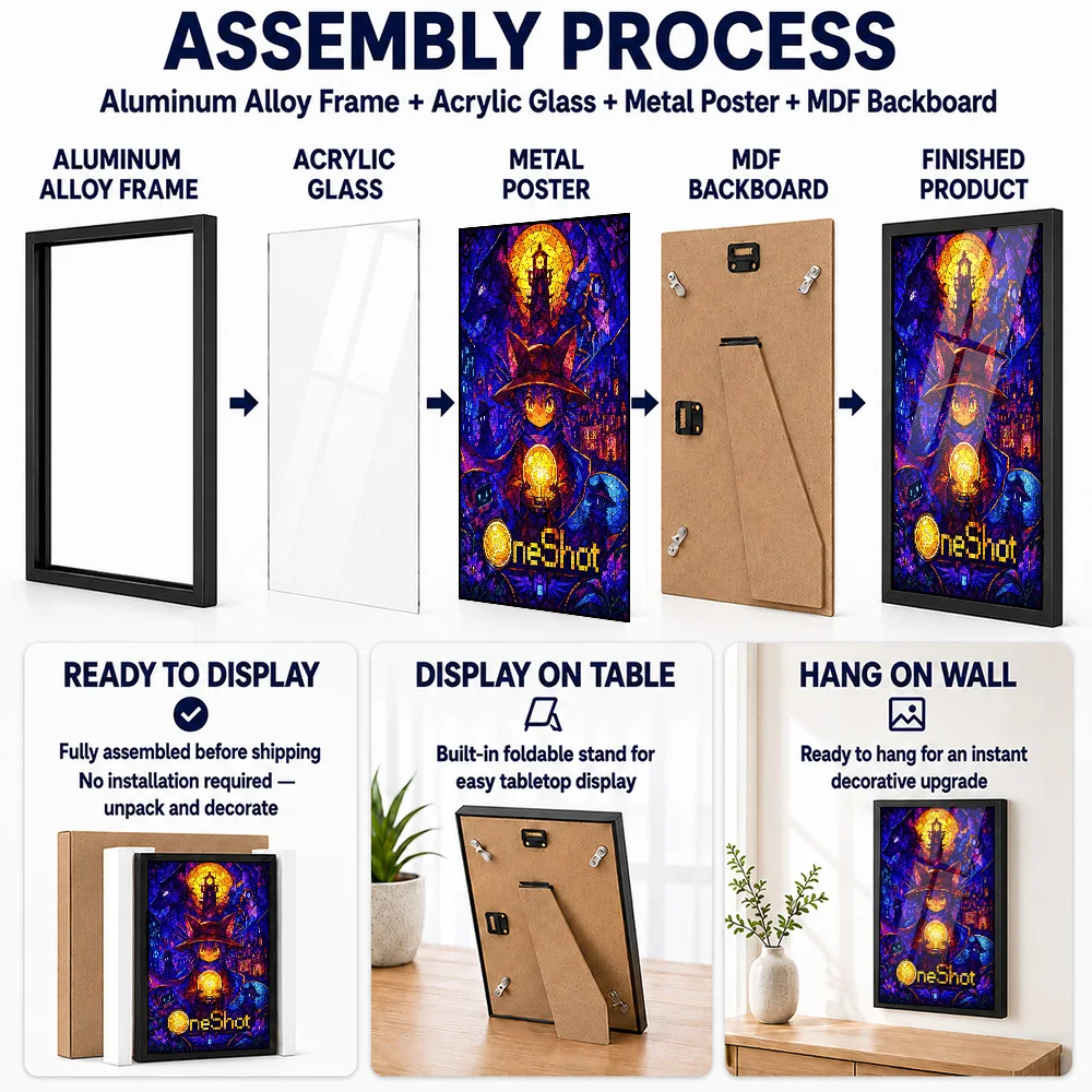 Oneshot Stained Glass Style Framed Metal Poster Personalized Hero Tribute Wall Art Designed For Players To Display In Game Room