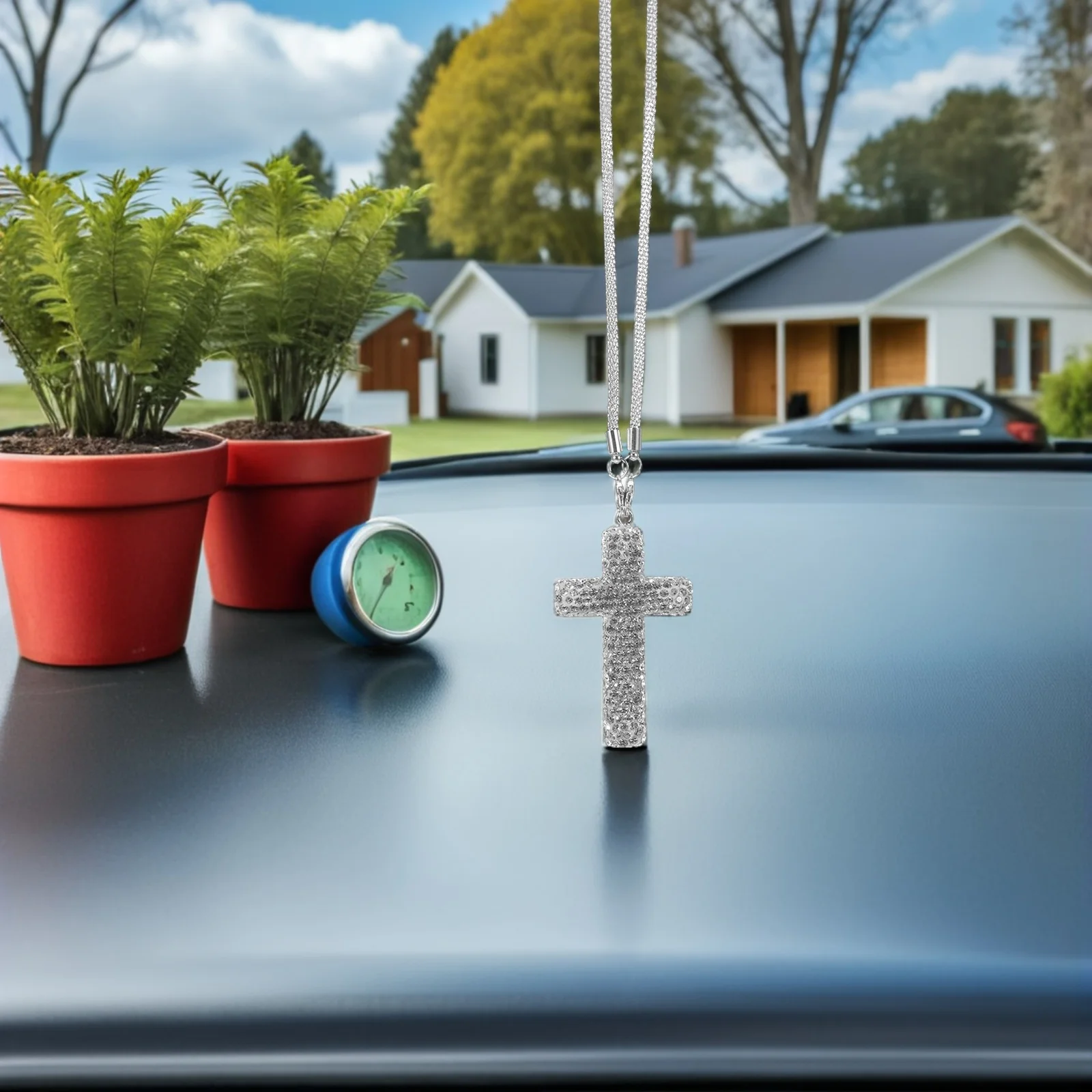 

2Pcs Car Rearview Mirror Hanging Rhinestone Cross Pendant Stainless Steel Christian Car Mirror Charm Decorative Accessories