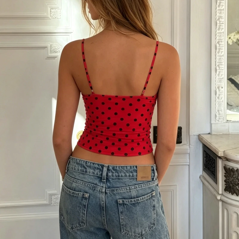 Teen Girls Polka Dot Tank Tops for Women Cute Spaghetti Strap V Neck Fitted Gingham Crop Top Y2K Summer Going Out Camisole