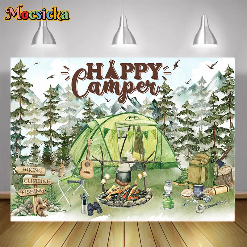 Mocsicka Camping Happy Photography Backdrops Tents Outdoor Goods Forest Children Boys Family Field Party Decorative Backdrops