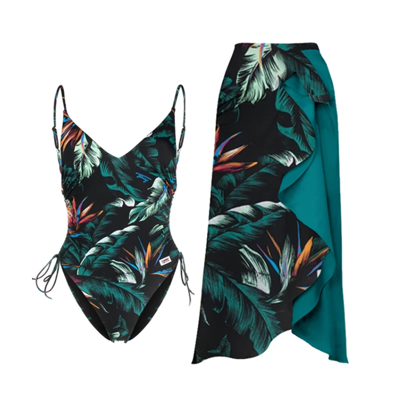 2023 One-piece Swimwear Women Green Print Pleated Sexy Sling Bikini Monokini Bathing Suit Summer Holiday Swimsuit Beachwear