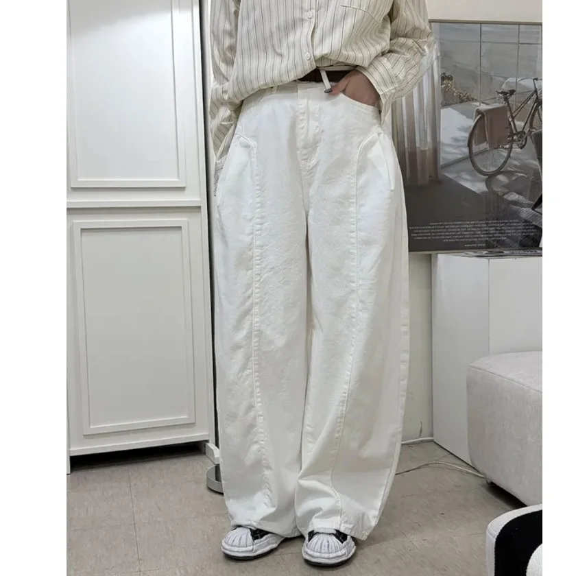 Casual High Waist Wide Leg Jeans Patchwork Straight Leg Versatile Denim Pants for Everyday Wear Standard Size Cotton Blend