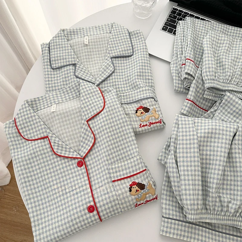 Cartoon Dog Couple Sleepwear Summer Short Sleeve Three-piece Set Pure Cotton Loose Large Size Men Women Home Clothes