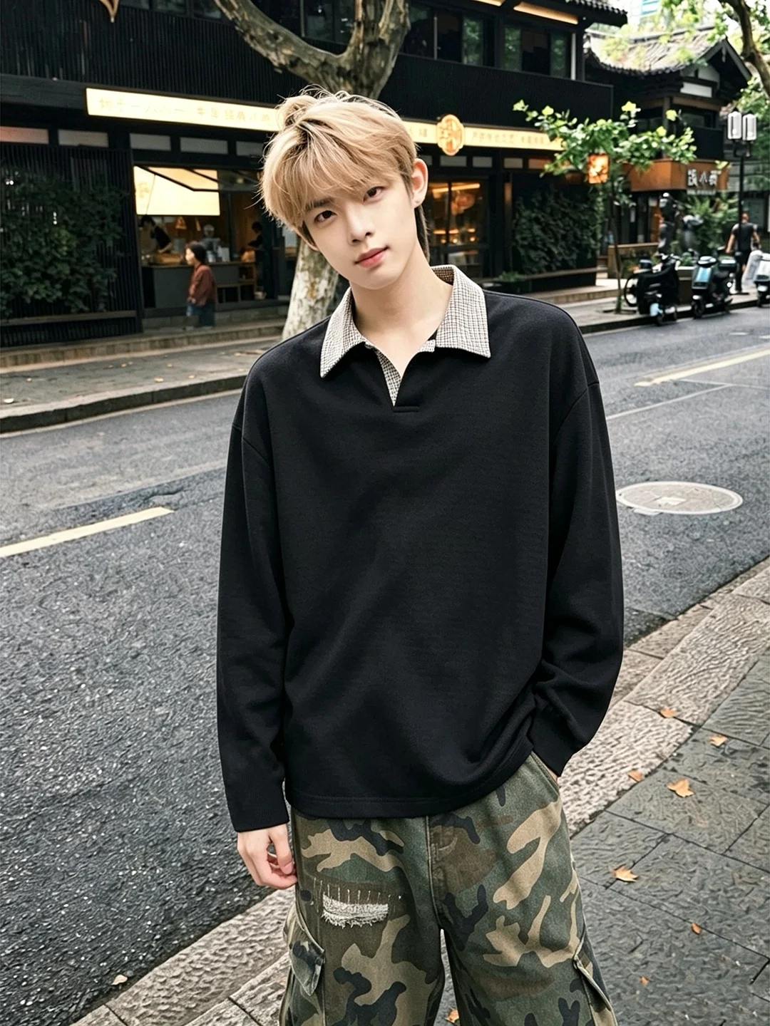 Standard Fit Long Sleeve  Shirt for Men with School Uniform Style Casual Youthful Feel Checkered Base Layer Top with Collar