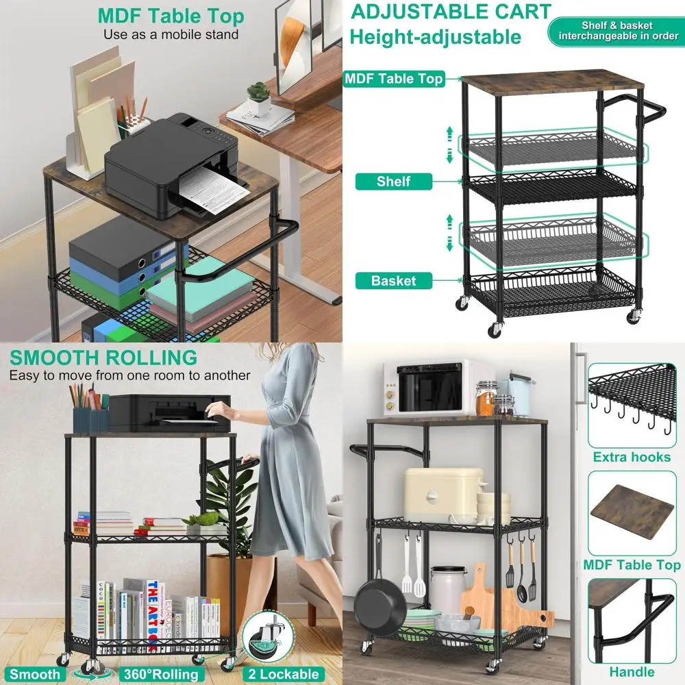 

3-х уровневая сверхмощная металлическая тележка с деревянной столешницей, кухонный остров для хранения на колесиках, черный
