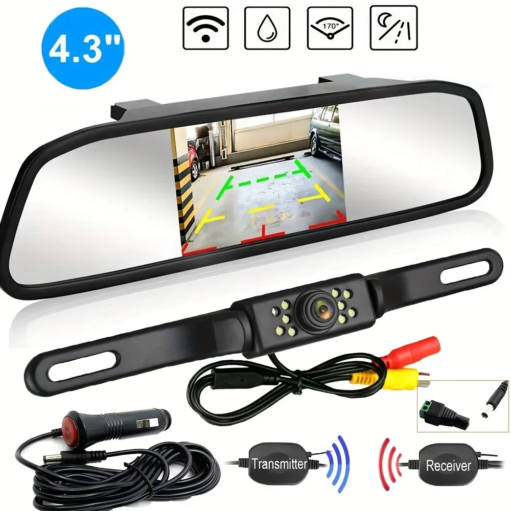 

Backup Camera Wireless 9LED License Plate Car Rear View Parking System LCD Screen 4.3" HD Monitor