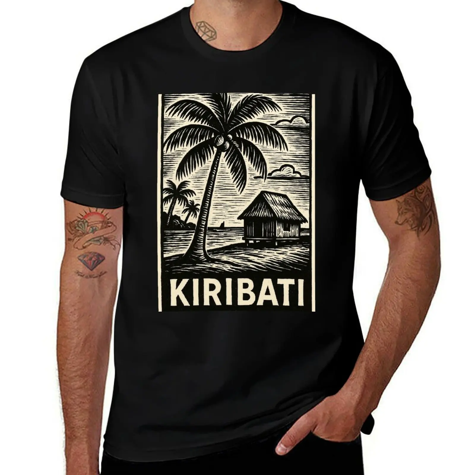 

Kiribati Linocut Style T-Shirt croswit shirt man designer shirts sports fans cotton graphic tees anime shirts men