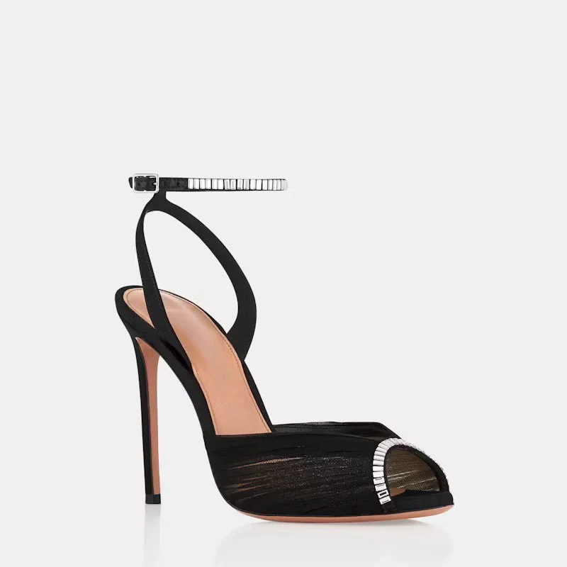 

Thin high-heeled sandals summer new pointed fish mouth white mesh rhinestone sandals banquet large size customized women's shoes