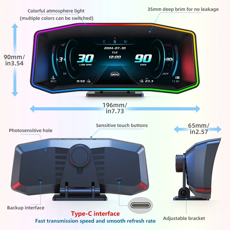 A28G-P4 OBD+GPS HUD 6.2 Inch LCD Multi-Function Smart Speed Turbine Accelerometer Slope Hud Meter Head Up Display