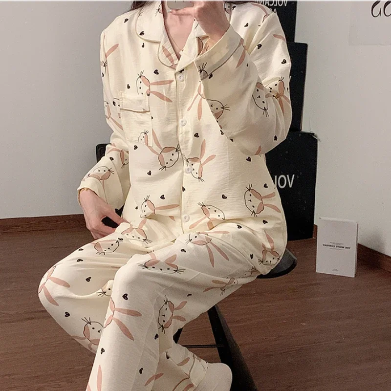 Pajama Sets for Women Spring Autumn Sweet Print Homewear Aesthetic Ulzzang Princess Tender Fashion Padded Sleepwear Students New