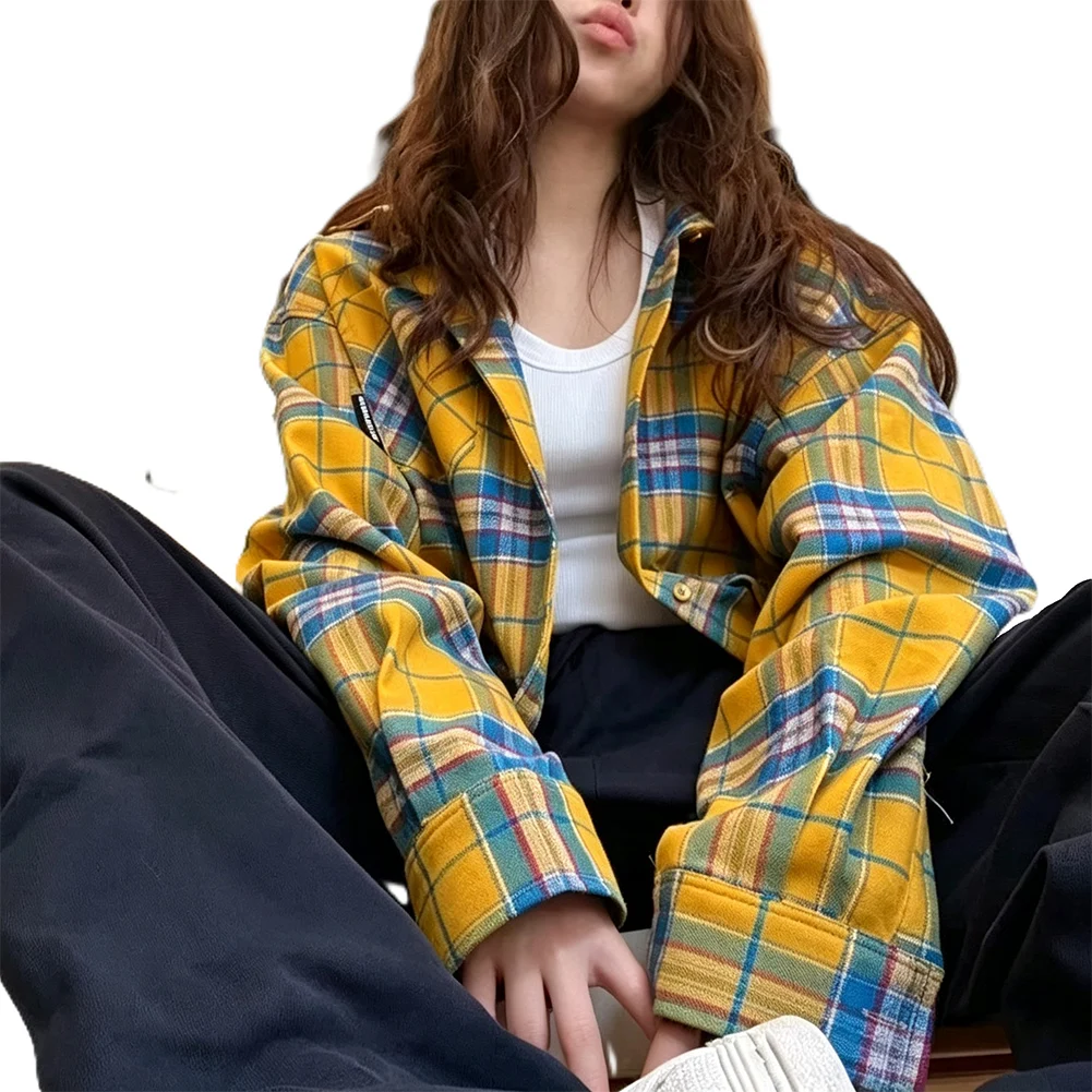 Women's Polyester Plaid Oversized Shirt Coat Turn-Down Collar Long Sleeve Regular Length Vacation Holiday Cycling