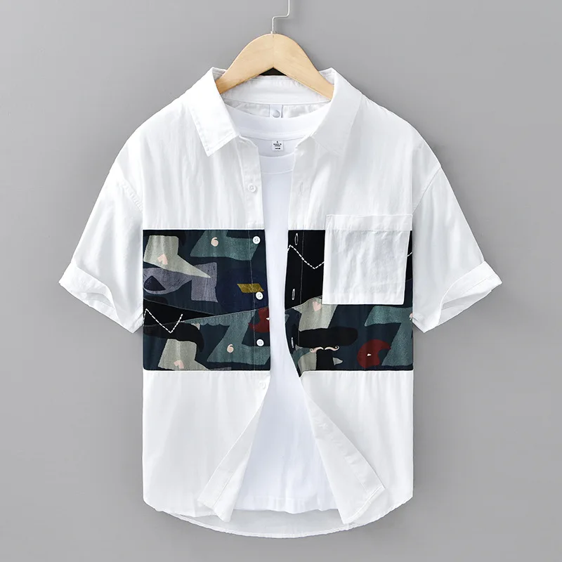 

C10 Korean Style Handsome Patchwork Cotton Shirts For Men Handsome Boyfriend Casual Loose Short Sleeve Summer Male Shirt Tops