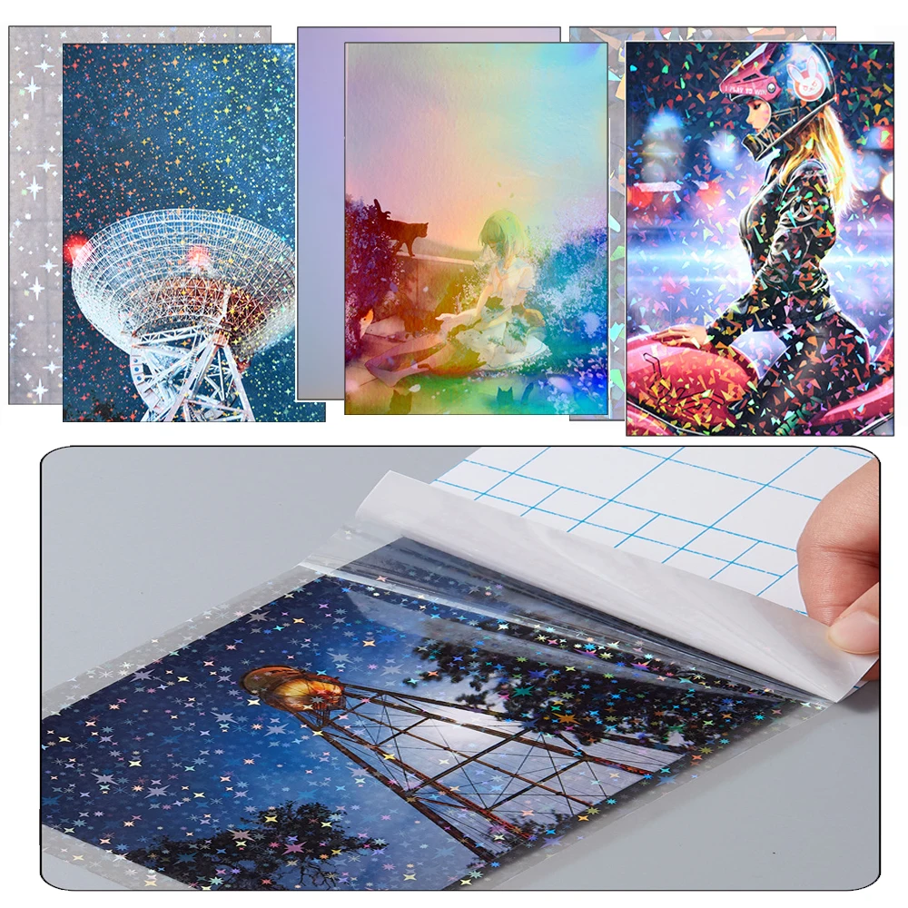 10 Sheets Waterproof Cold Laminating Film A4 Hologram Star Dot Self-adhesive paper film DIY Package Card Photo Laminating Film