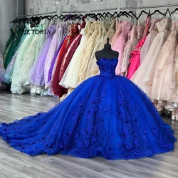 Fascinating King Blue Lace Applique Quinceanera Dresses Ball Gown 3D Flowers Mexican Birthday Lace Up Sweet 15 16 Dress Luxury