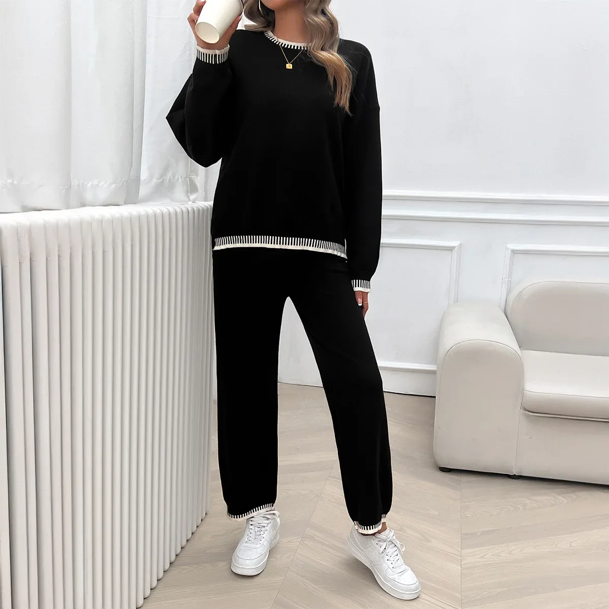 Women's 2024 Autumn and Winter Temperament Casual Contrast Color Knitted Sweater Trousers Set 2 Piece Sets Womens Outfits