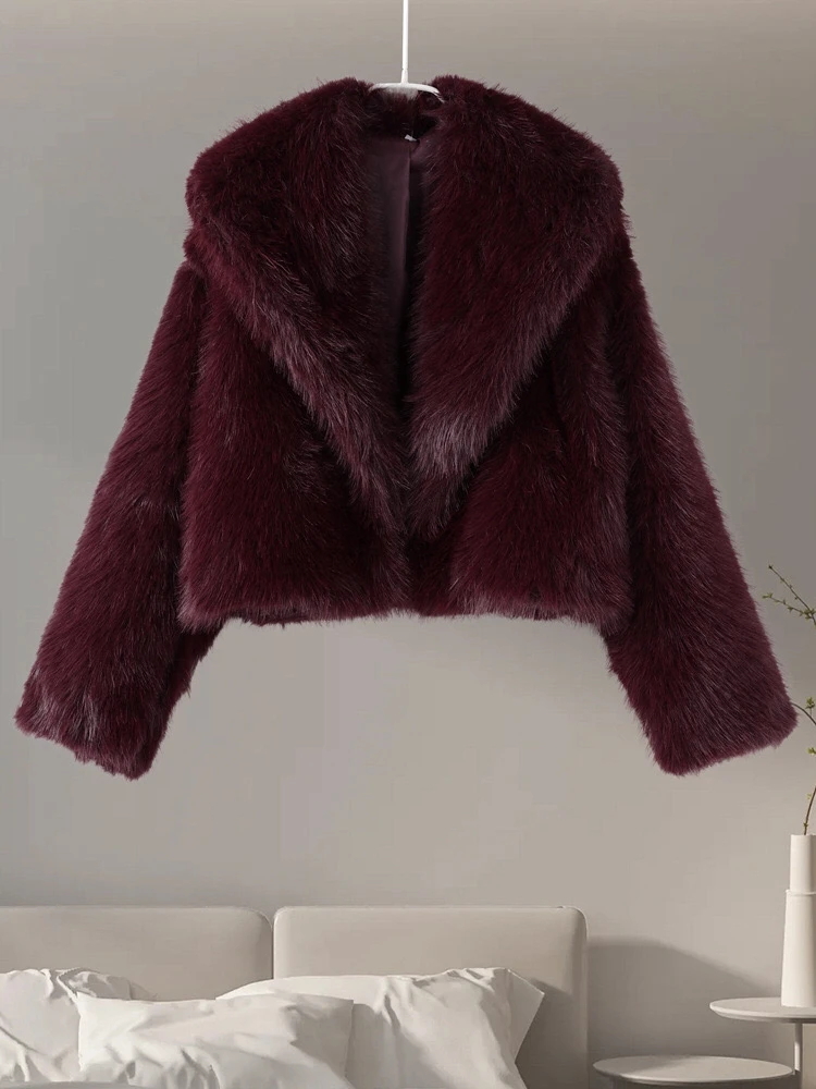 Thickened Short Fur Jacket Wine Red Squirrel Fur Simulation Leather Autumn Winter Coat for Women Commute Style Zipper Closure