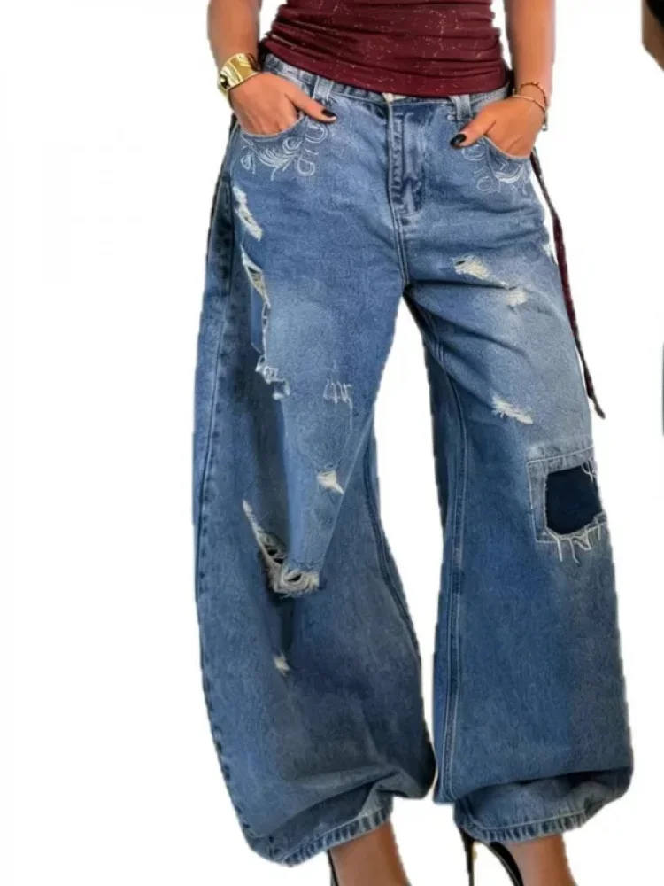 BKQU y2k Baggy Jeans Harajuku Vintage Hiphop Ripped Jeans Trousers Hip Hop Streetwear Casual Straight Leg Denim Pants