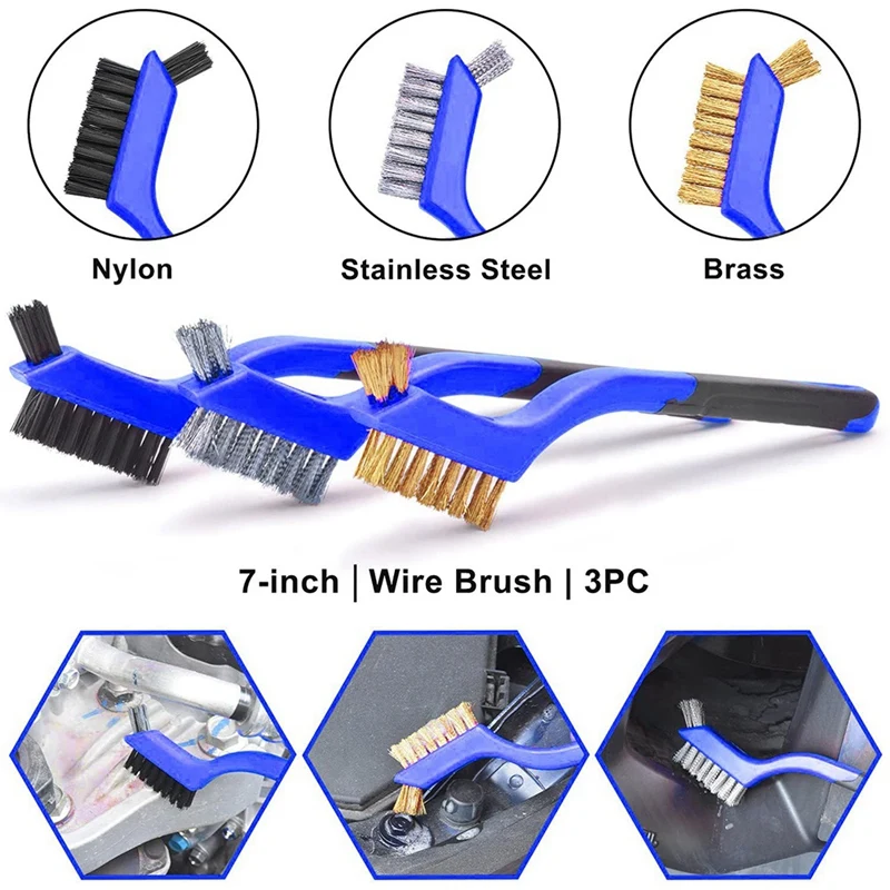 AC88 Blue Handle 7 Inch Wire Brush Set 3-Piece, Heavy Duty Cleaning Tool Nylon Brass Stainless Steel with Curved Nonslip Handle