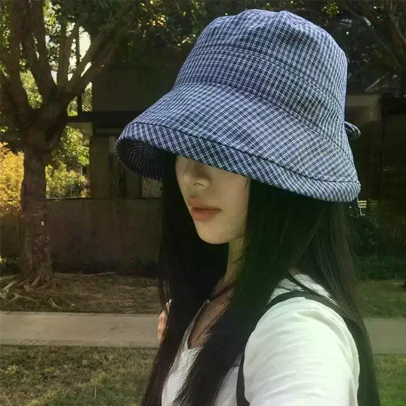 Womens Plaid Fisherman Cap Summer Rolled Edge Bow Bucket Hat Breathable UV Shield Sun Cap for Beach Holiday Travel