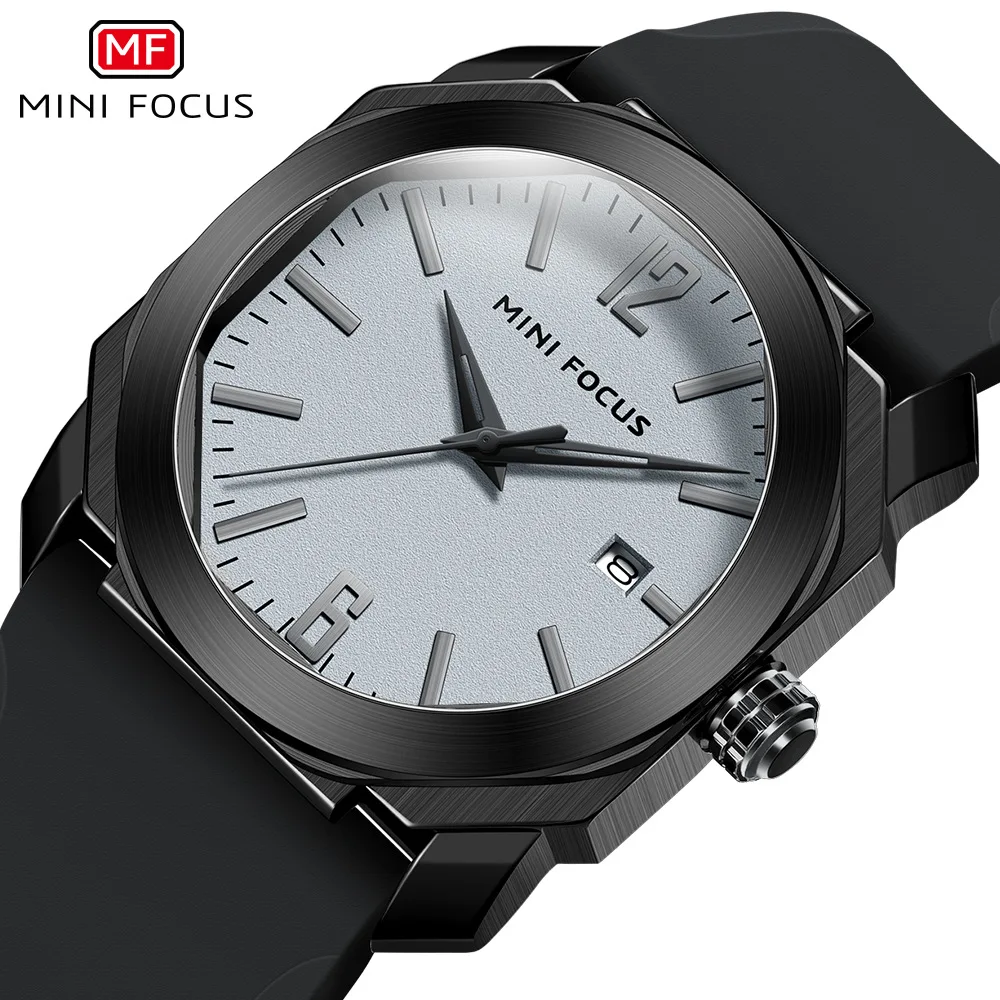 MINI FOCUS 0248 Men Quartz Watches Black Simple Fashion Calendar Analog Display Silicone Strap Wristwatch for Male Clock