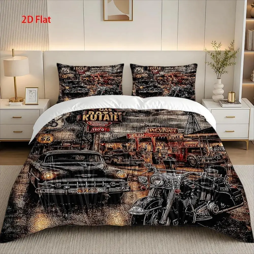 Retro Highway Classic Cars and Motorcycles Duvet Cover Set Multi Size Quilt Cover Queen Size Bedroom Bedding Decoration Machine Washable Adult Boy Girl