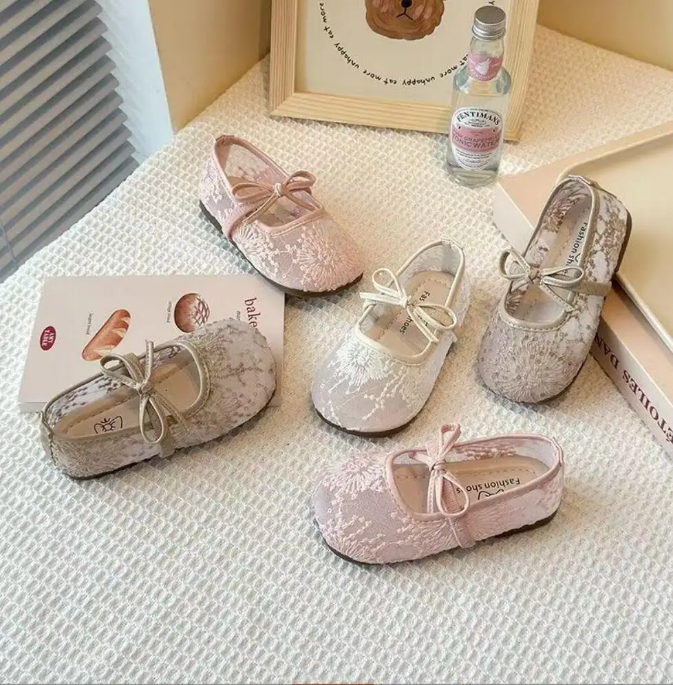 Floral Embroidery Lace Ballet Flats Baby Girls 2026 Summer Mary Jane Breathable Mesh Fashion Slip On Ballerinas Kids Dress Shoes