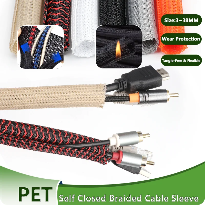 

3-38mm Flame Retardant Self-Winding Cable Sleeves PET Expandable Braided Sleeving for Wire Protection Tangle-Free Tube 3/50M