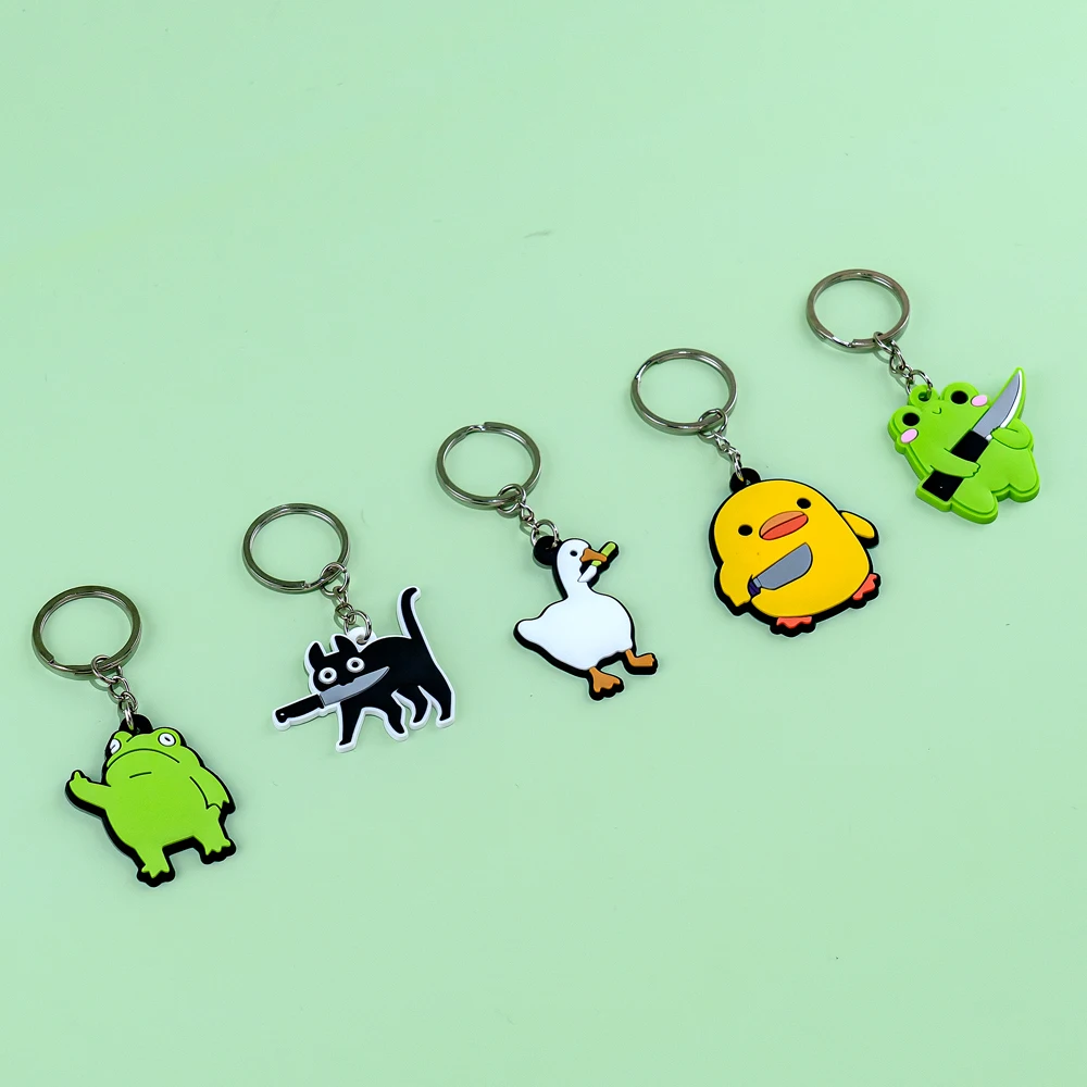 5PCS PVC Funny Animals Keychain Duck Dog Frog Cow Keyring Custom Sharks Key Chain for Car Key Accessories Gift