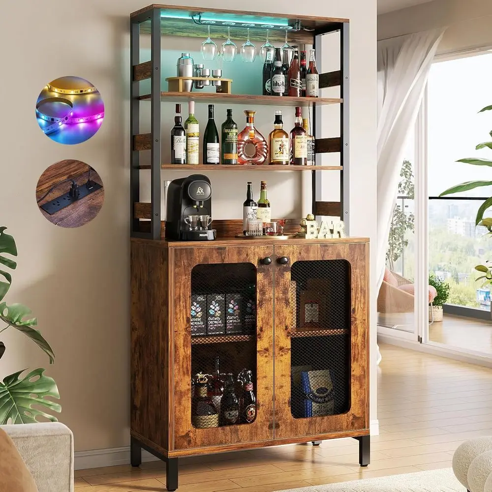 

Rustic Brown Wine & Liquor Bar Cabinet with LED Lights, Glass Holders, and Power Outlets