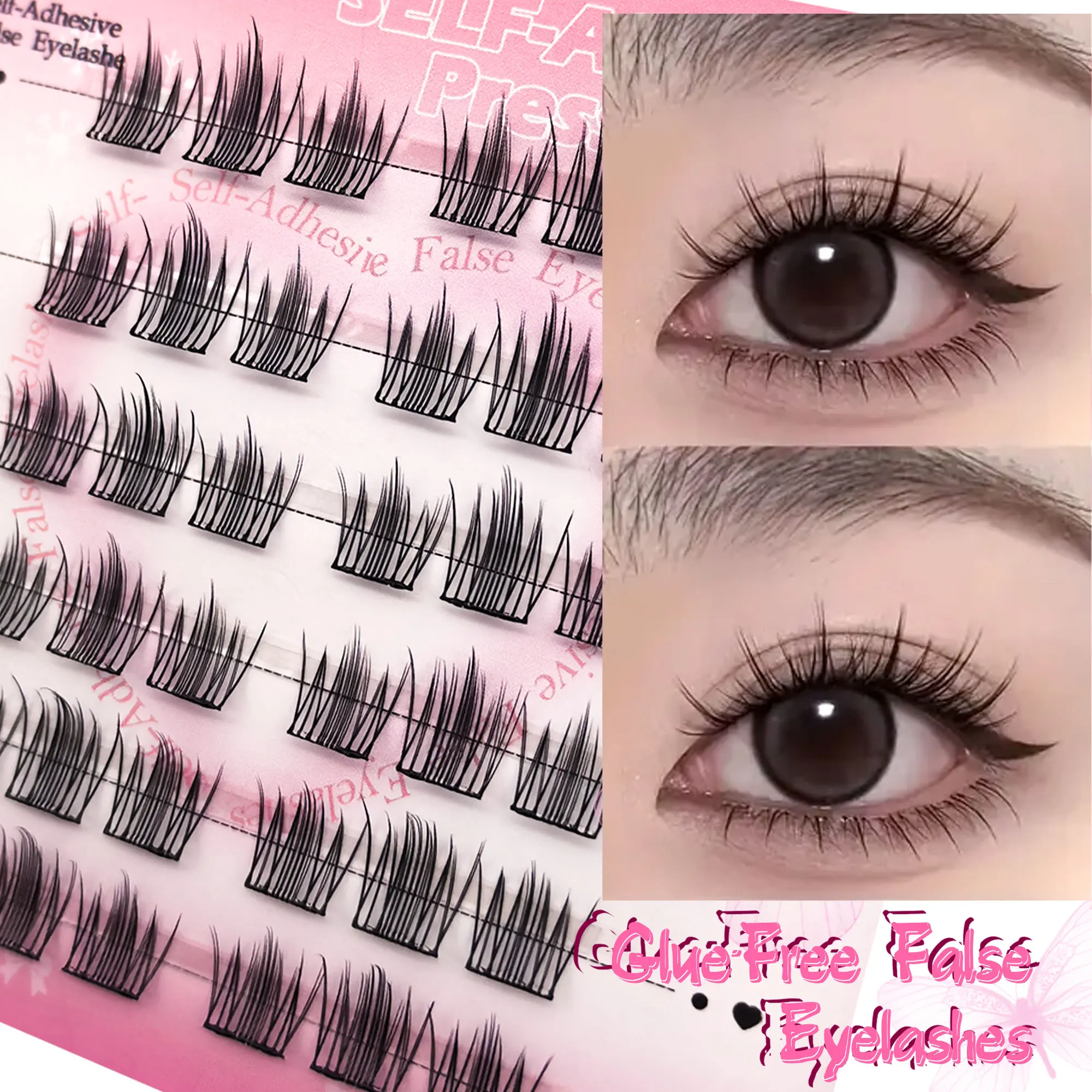 6 rows of glue-free false eyelashes, curled and long cat-eye natural thickened thin strips, ultra-light and ultra-thin