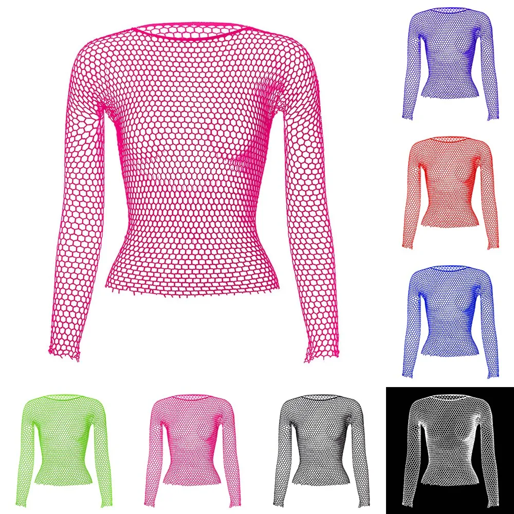 Men Elastic Long-Sleeved See Through Sexy Leaky Hip Shirt Hollow Mesh Underwear Tops  Nightclub Sheer Tops Fish Net T-Shirt