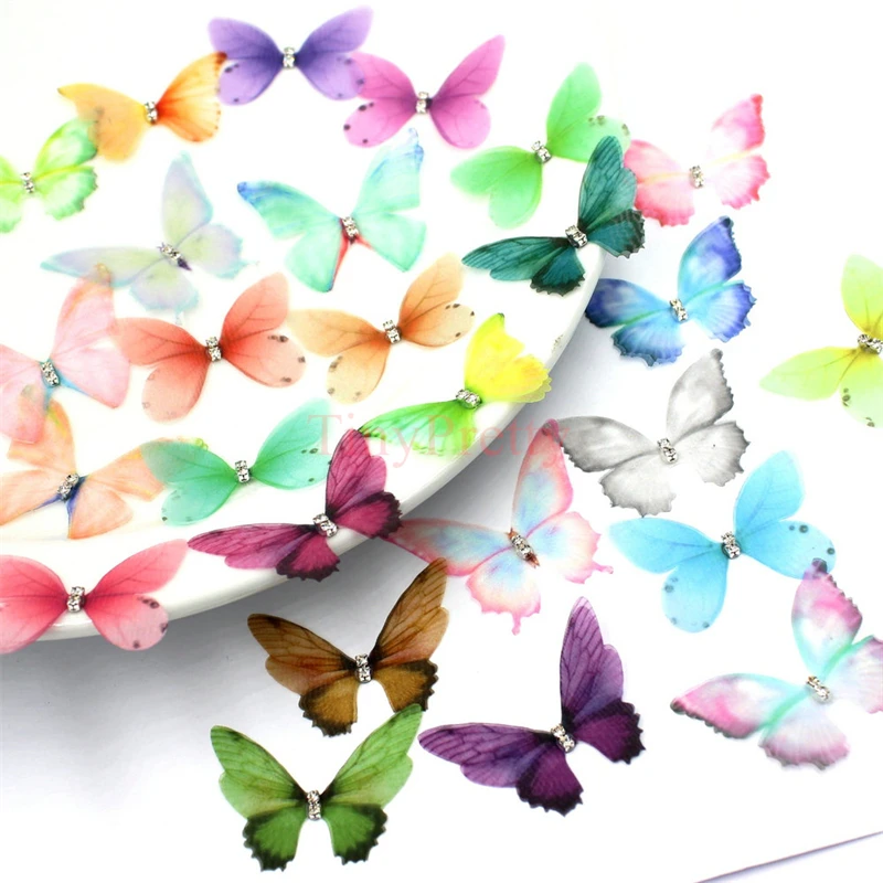 20PCS Printed Organza Butterflies w/ Rhinestone Fairy Wings Appliques Bridal Wedding Hair Accessory DIY Jewelry Making