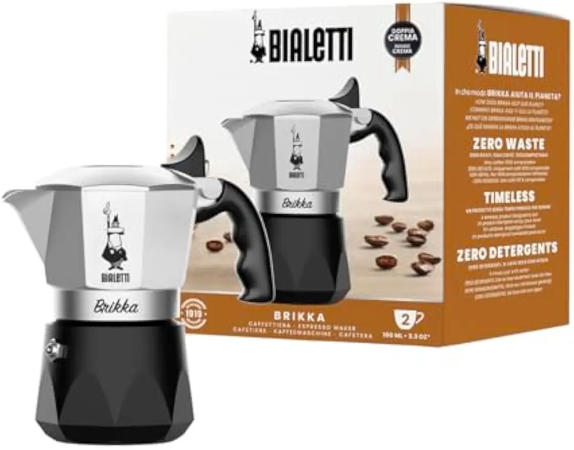 

Stovetop Espresso Maker with Rich Crema, 2 Shots Capacity, Black - Easy Italian Coffee Brewing