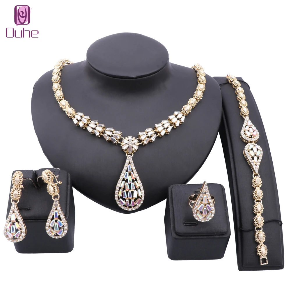 Italian Gold Color Jewelry Set Elegant Crystal Water Drop Necklace Earrings Ring Bracelet For Women Bride Party Accessories