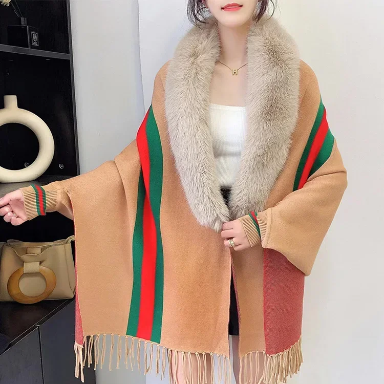 Autumn Winter New Imitation Wool Collar Knitted Shawl Women Warm Tassels Fashion Street Poncho Lady Capes Black Cloaks P5