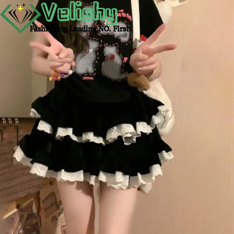 Ballet Style Lace Cake Puffy Black Skirt For Women 2024 New Summer High Waist Loose Casual Lolita Sweet Girl A-line Short Skirt