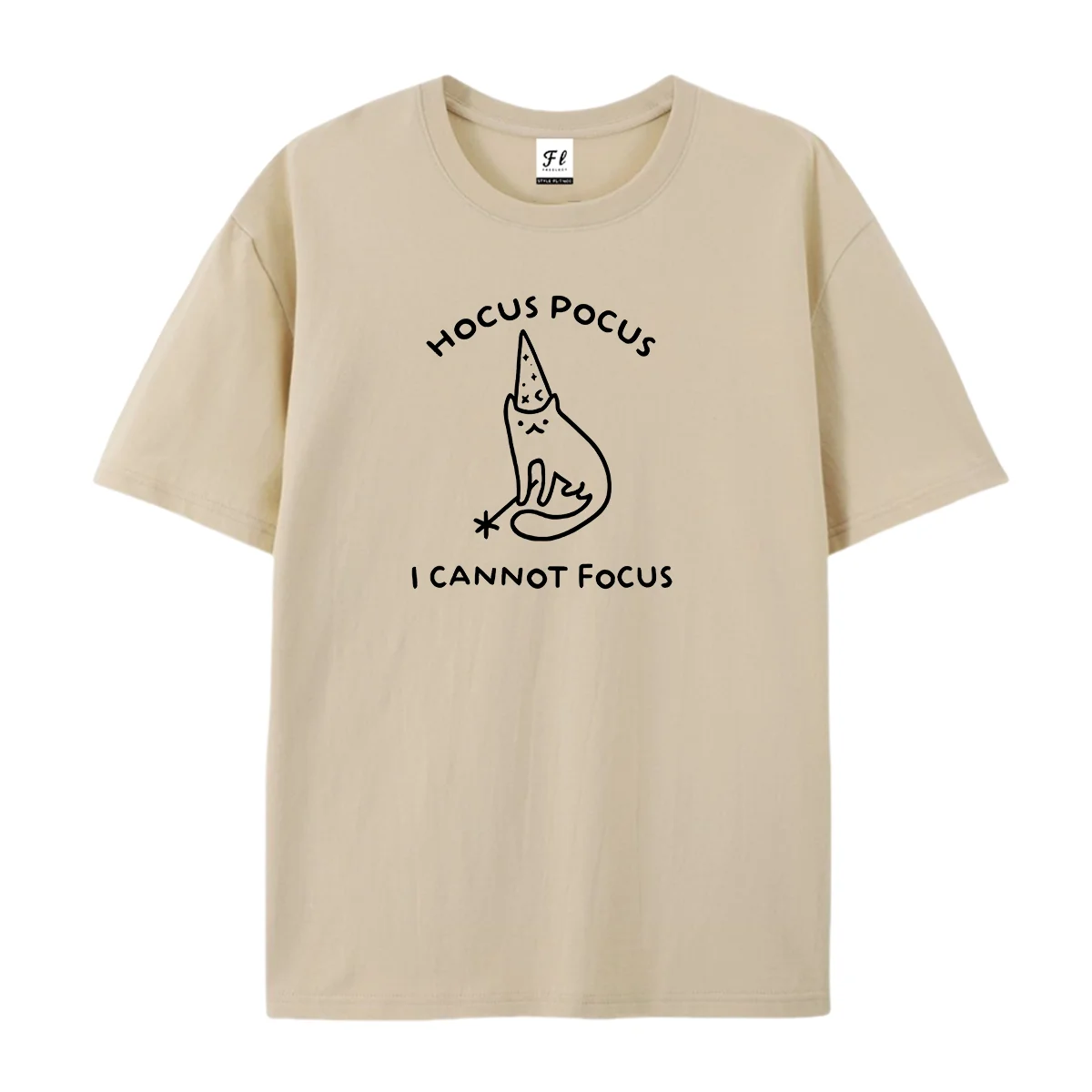 Hocus Pocus I Cannot Focus Graphic T‑Shirt Funny Wizard Cat Doodle Minimalist Halloween Humor Casual Short Sleeve Tops Outfits