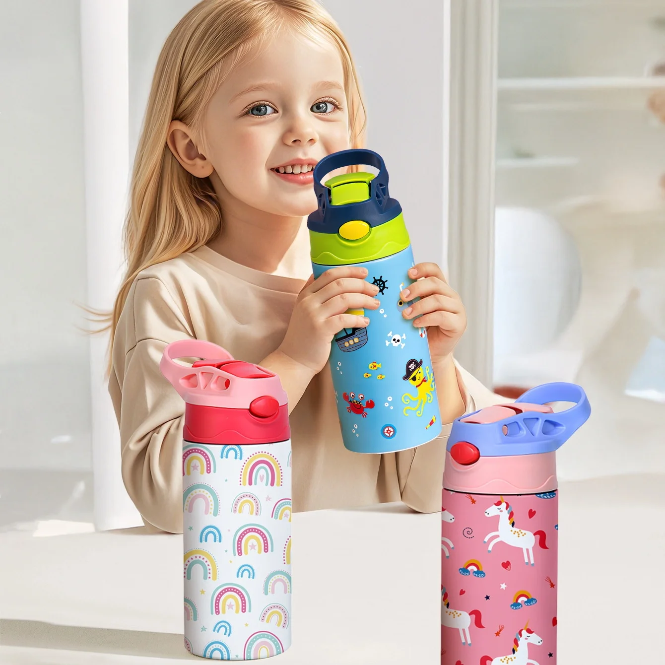 350ml Cartoon Pattern Vacuum Cup Kids Insulated Water Bottle Cute Animal Straw Thermos Mug Handheld Kettle for Outdoor School view 5